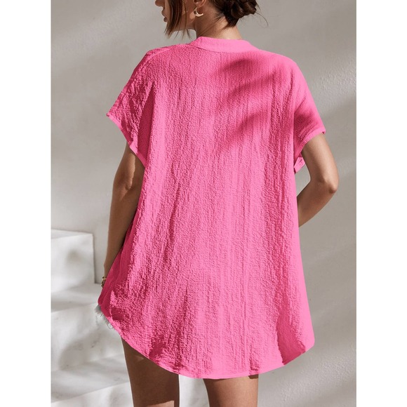 boho Notched Batwing Sleeve Blouse short sleeve hot pink - Picture 2 of 11
